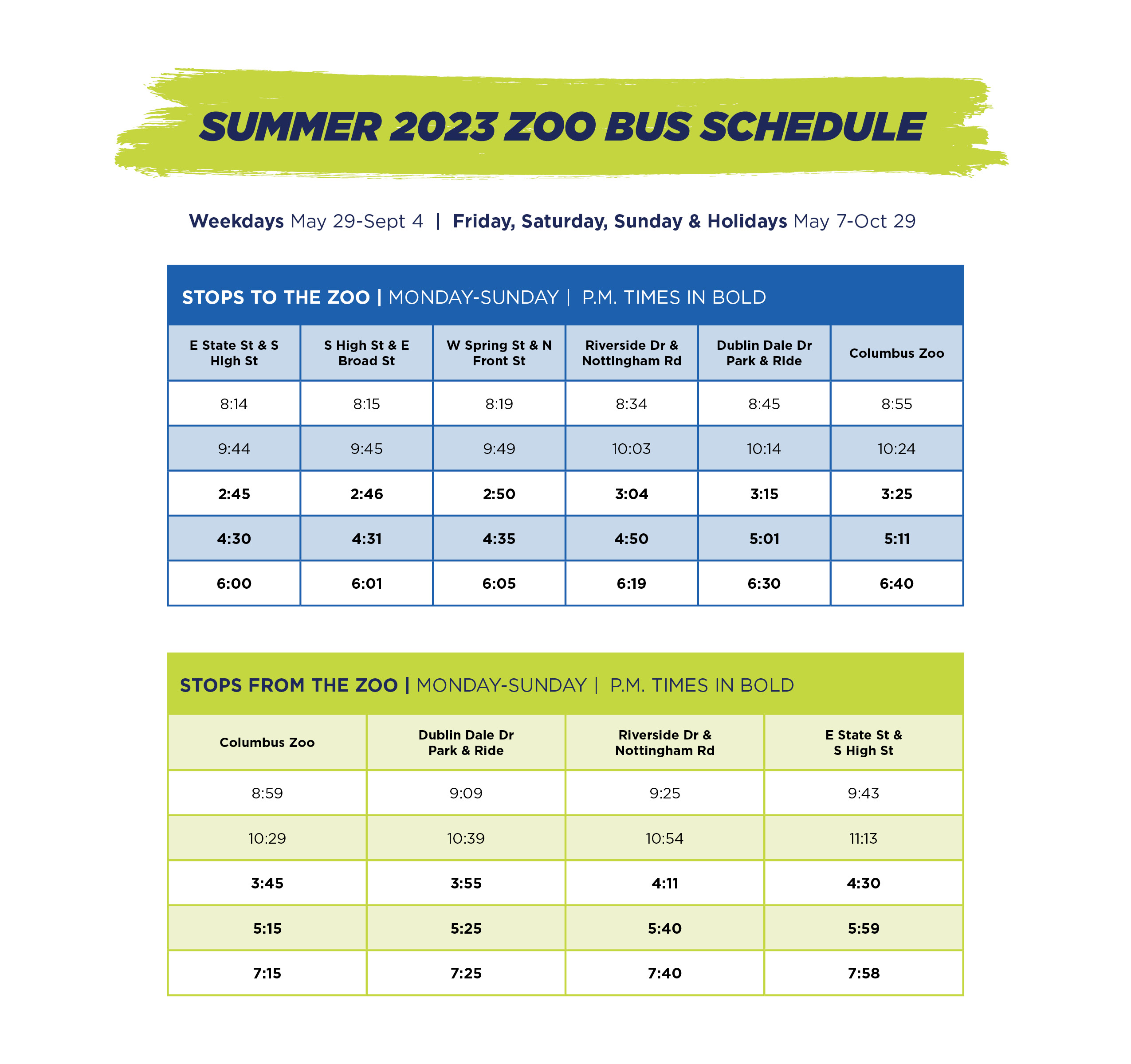 Summer 2023 COTA Zoo Bus Schedule